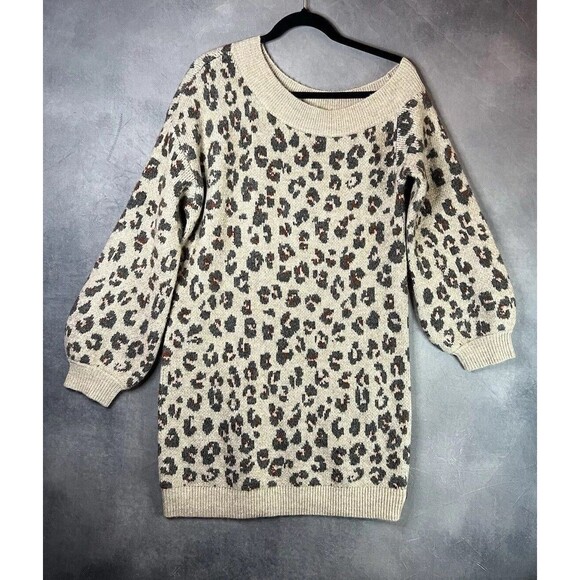 STEVE MADDEN Leopard Animal Print Sweater Knit Dress Slouchy Shoulder Women - Picture 2 of 12